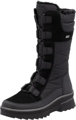 A black winter boot is shown against a white background.