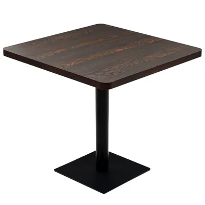 A square bistrot table with a dark wood-effect top and a black metal base, presented on a white background.