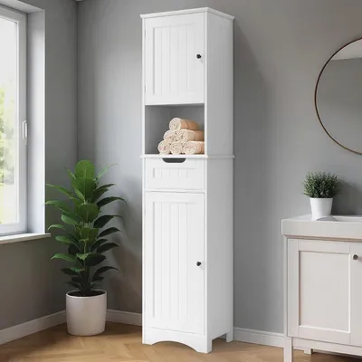 Produktbild von Badezimmerschrank, Hochschrank Badezimmer, Badschrank mit Schublade, Aufbewahrungsschrank mit verstellbaren Ablagen, offene Fächer, 40 x 30 x 170 cm, Weiß