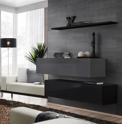 Produktbild von Wohnwand Wohnzimmer Schrankwand Modern Schwarz Holz Schrank Wand Regal