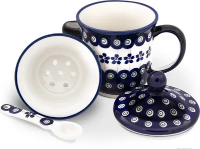 Produktbild von Original Bunzlauer Keramik 270ml Teebecher Teetasse mit Deckel, Teesieb, Löffel Dekor 166a
