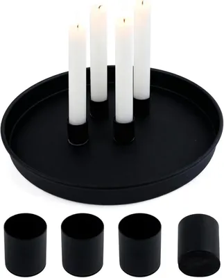 Immagine prodotto di Piattino per candele, nero, diametro 23 cm, vassoio metallico decorativo rotondo con 4 supporti magnetici per candele a stelo, moderno candelabro per l'Avvento