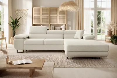 Produktbild von Easy4You Ecksofa NORBERG Boucle L-Form Creme – 279x72x205 cm - Schlafsofa mit Bettkasten und Schlaffunktion - Eckcouch mit Stauraum – Rechts – Stoff Lambi 01