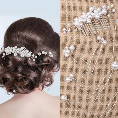 Imagen del producto de Conjunto de accesorios para el cabello con perlas, de 9 piezas, en plata, para bodas
