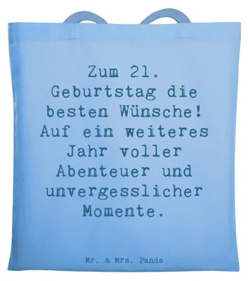 Produktbild von Mr. & Mrs. Panda Baumwolltasche Spruch 21. Geburtstag - Sky Blue - Geschenk, Meilenstein, tragetasche baumwolle, Happy Birthday, Shopping Tasche, Glückwunsch, Dekoration