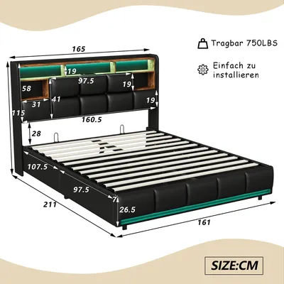 Immagine prodotto di Letto imbottito - Letto matrimoniale 160 x 200 cm - Contenitore a sollevamento idraulico - Testiera con spazio contenitore - Rivestimento inPoliuretano- Colore: nero