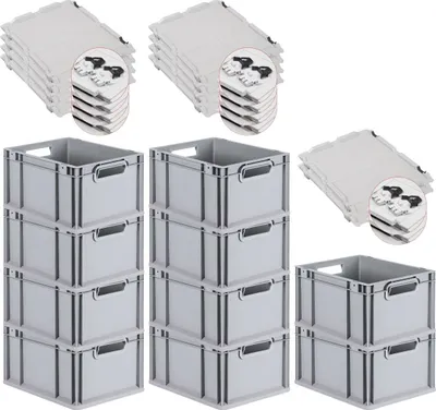 Produktbild von SuperSparSet 10x Eurobox NextGen Economy mit Scharnierdeckel und schwarzen Schiebeschnappverschlüssen | Griffe offen | HxBxT 22x30x40cm | 20 Liter | Eurobehälter, Transportbox, Transportbehälter, Stapelbehälter