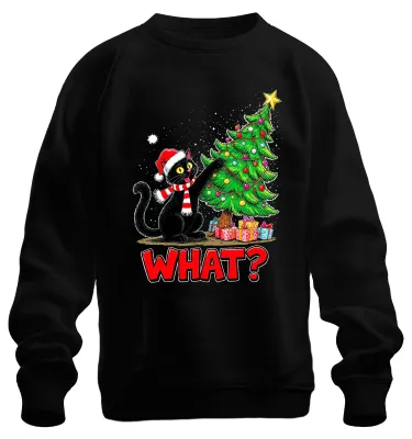 Produktbild von WHAT? schwarze Katze Weihnachten lustig Weihnachtsbaum Sweatshirt Pullover, Schwarz, M