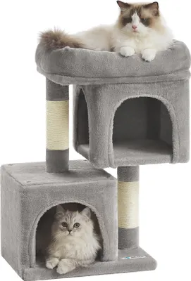 A two-tiered cat tree with two cats.