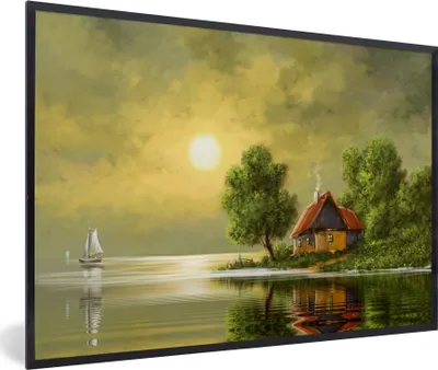 Produktbild von MuchoWow® Gerahmtes Poster Gemälde - Ölfarbe - Haus - Natur - Wasser 60x40 cm - Poster mit Schwarzem Bilderrahmen Wandposter Rahmen Foto Bilder - Printing - Wanddeko Schlafzimmer