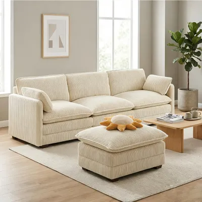 Obrázek produktu pro BEALIFE Rohová pohovka 240 x 76 x 91 cm s podnožkou | Třímístná pohovka z manšestru | Do obývacího pokoje a pokoje pro hosty | Tmavě šedá/béžová | AR88-24