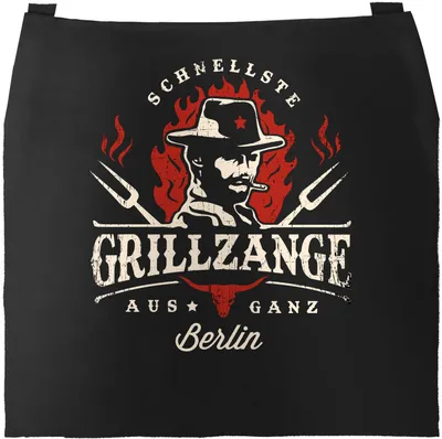 Produktbild von Grill-Schürze für Männer BBQ Cowboy schnellste Grillzange von ganz [Wunsch-Stadt/Dorf-Name/Ort] Western Moonworks® schwarz unisize