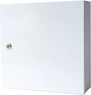 A white telecommunications enclosure with a lock on the left side, shown from a slightly angled front view.
