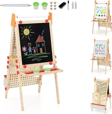 Produktbild von COSTWAY Tafel Kinder, Holz Spieltafel mit Magnet-Whiteboard, Papierrolle, Ablagefach & Murmelbahn, Zubehör für Kinder ab 3+