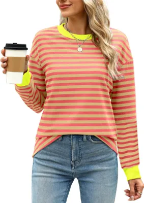Produktbild von ASKSA Damen T-Shirt Rundhals Langarm Shirts Gestreift Basic Elegant Casual Lose Frauen Tunika Oberteile (Orange,XL)