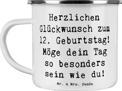 Produktbild von Mr. & Mrs. Panda Haferl Spruch 12. Geburtstag - Weiß - Geschenk, herzliche Geburtstagswünsche, Emaille Becher, Möge dein Tag so besonders sein wie du, Alter, Tasse, Pott
