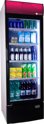 A commercial beverage refrigerator filled with various drinks.