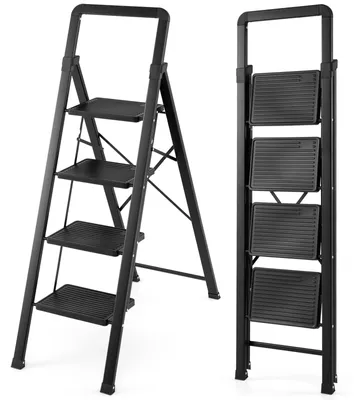 Imagen del producto de COSTWAY, escalera de mano plegable de 4 escalones, con peldaños anchos, barra de agarre y sistema de seguridad, capacidad de carga de hasta 150 kg, dimensiones: 42 x 84,5 x 129 cm