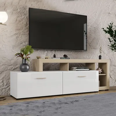 Image de Casola - Meuble TV, 189x42x61h cm Blanc Mat, 5 Étagères