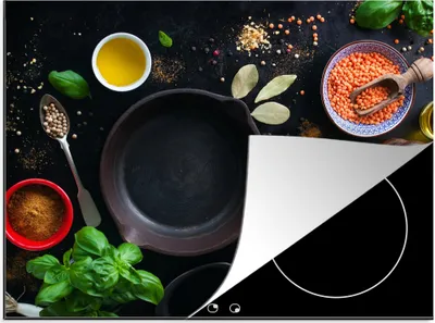 Produktbild von KitchenYeah© Herdabdeckplatte Kräuter - Gemüse - Pfanne , 75x52cm, Küche Deko, Glaskeramikkochfeld Herdabdeckung, Abdeckplatte fùr Kochfeld
