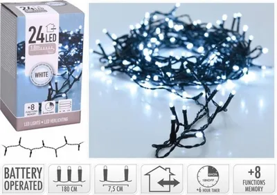 Zdjęcie produktu dla Lampki choinkowe LED na baterie 24 diody LED w kolorze zimnej bieli z wyłącznikiem czasowym do użytku wewnątrz i na zewnątrz budynków