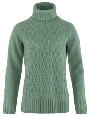 Productafbeelding van Fjällräven dames sweater met kabelbrei en rollkraag, kleur: Patina Green, maat: S
