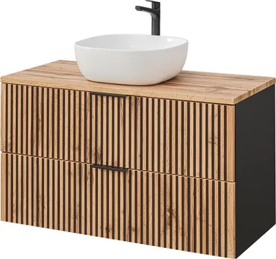 Produktbild von Waschbeckenunterschrank 100 cm mit Keramik Aufsatzwaschbecken weiß XANTEN-56 in anthrazit mit Eiche Nb. schwarz gerillt, B/H/T: ca. 100,6/74,2/46,5 cm