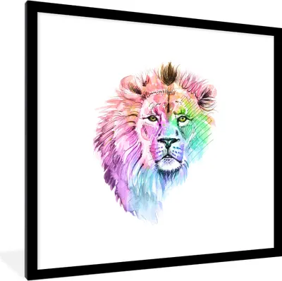 Produktbild von MuchoWow® MuchoWow® Gerahmtes Poster Löwen - Illustration - Farben 40x40 cm - Poster mit zchwarzem Bilderrahmen - Poster - Plakat im Rahmen