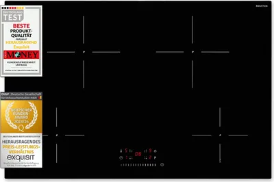 A black induction cooktop with four cooking zones and a digital display. It has several award badges and text overlays on the left side.