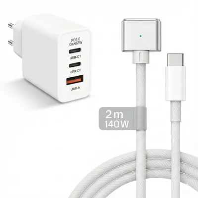 Produktbild von 65W USB C Ladegerät 2x USB-C 1x USB-A + 140W MagSafe 3 Kabel Silber 2m für MacBook Air & Pro M1 M2 M3 M4 M5 - Netzteil Adapter