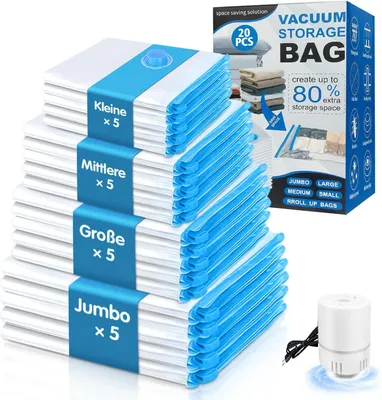 Productafbeelding van Vacuümzakken voor kleding - Set van 20 - (jumbo/5xgroot/5xmedium/5xklein) - Herbruikbare vacuümzakken voor dekbedden