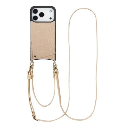 Zdjęcie produktu dla Etui na telefon Selencia Nova Croco ze sznurkiem i uchwytem na kartę do Apple iPhone 17 Pro - beżowe
