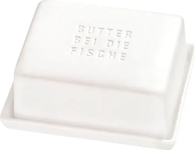Produktbild von Räder Breakfast Butterdose mit Motiv "Butter bei die Fische"- Hochwertige Porzellan-Butterbox mit humorvollem Spruch, 13,5 x 10,5 cm, weiß