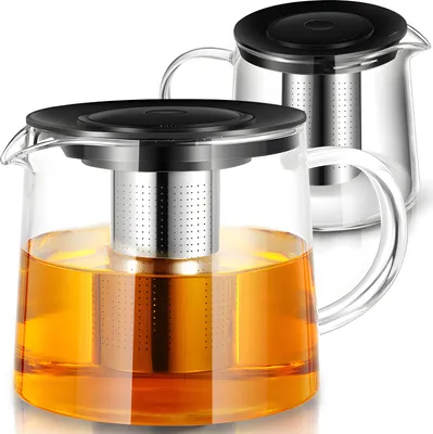 Zdjęcie produktu dla Szklany czajniczek 1,50 l 1500 ml z sitkiem ze stali nierdzewnej Szklany czajniczek Wkład z sitkiem Odporny na ciepło Ergonomiczny Sok do herbaty Bez BPA Czarny Retoo