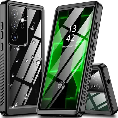 Three phone cases are displayed against a white background. One case is shown from the back, highlighting its camera array and water droplet details. Another case is shown from the front, displaying a phone screen with a green abstract design and a fingerp