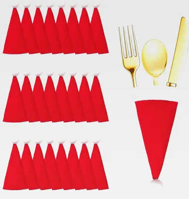 Produktbild von 24 Stücke Mini Weihnachtsmützen, Besteckhalter Weihnachten, Kleine Weihnachtsmützen, Weihnachtsmützen, Mini Weihnachtsmütze, Mini Nikolausmütze, Weihnachtsmützen für Flaschen, Weihnachtsmütze Klein