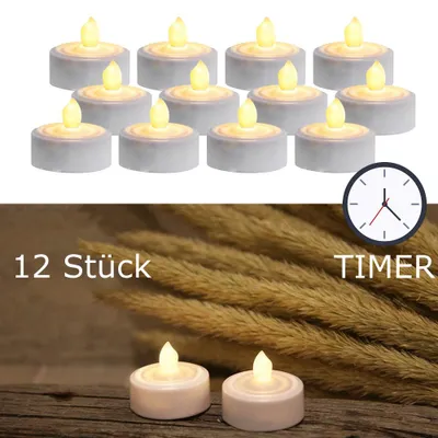 Produktbild von LED Teelichter - warmweiß flackernde Flamme - inkl. Batterien - Timer - D: 3,6cm - weiß - 12er Set