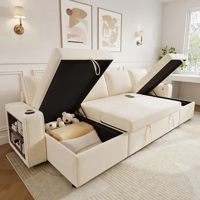 Produktbild von okwish Ecksofa mit USB und ausziehbares Schlafsofa, Wohnzimmersofa mit Armlehnen‑Ablage und Becherhalter, U-förmiges Sofa Viel Stauraum, Beige