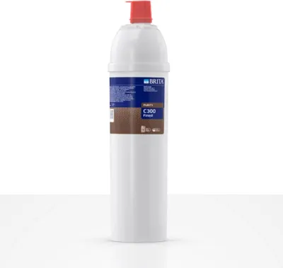 A Brita Purity Finest C300 water filter cartridge is shown against a white background.