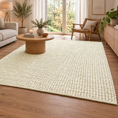 Produktbild von Steffensmeier Handweb Teppich Lyon | Wolle (Schurwolle), Creme, handgewebt, Größe: 200x250 cm Wohnzimmer und Schlafzimmer