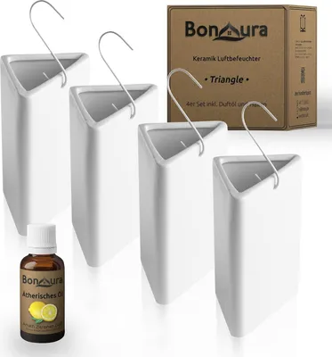 Image de BonAura Humidificateur d'air Chauffage Céramique Triangulaire I Crochet & Huile parfumée [Lot de 4, 200ml] I Evaporateur d'eau pour radiateurs avec parfum I Evaporateur & Humidificateur Réservoir d'eau