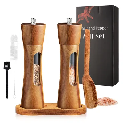 Produktbild von Salz und Pfeffermühle Holz Set Manuelle Pfeffermühle Keramikmahlwerk Gewürzmühle Salzmühle mit untersetzer