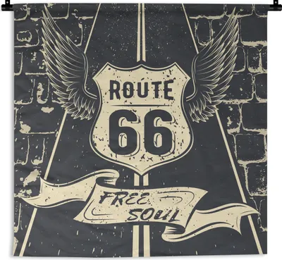 Produktbild von MuchoWow® Wandteppich Wandbehang Route 66 - Vintage - Schwarz - Weiß 150x150 cm Tapisserie Dekoration Wandtuch - Wohnaccessoires - Modernes