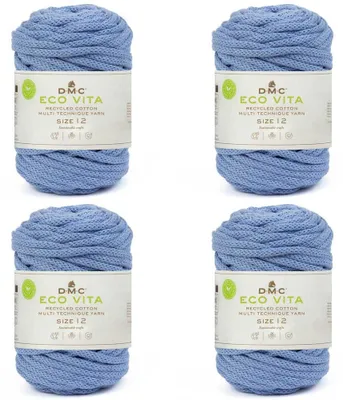 Image de 4 pelotes de fil de coton recyclé DMC Eco Vita-12 (4 mm), composées de 80 % de coton et de 20 % de polyester. (Couleur 077)