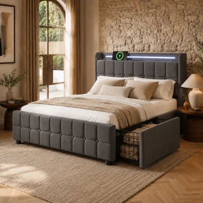Produktbild von Flieks Polsterbett 160x200cm mit USB und Steckdosen, Jugendbett Doppelbett mit 4 Schubladen, Stauraumbett Massivholzbett mit LED und Lattenrost, Leinen, Grau