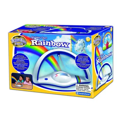 The image shows the product packaging for a rainbow light projector.