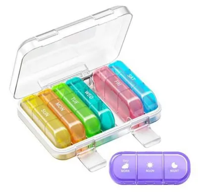 Immagine prodotto di Contenitore per pillole, 7 giorni, 3 scomparti, per l'assunzione al mattino, a mezzogiorno e alla sera. Trasparente, disponibile in più colori