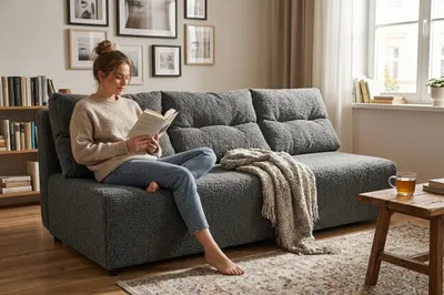 Produktbild von Schlafsofa KIMO Angel – mit Bettkasten, Strukturstoff in Schwarz, Family Meble, KI-generiertes Bild
