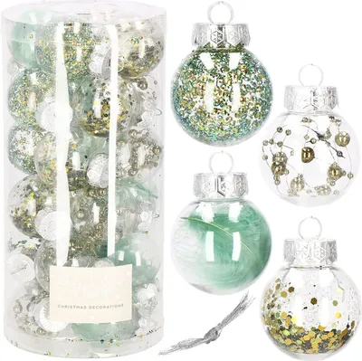 Produktbild von SPRINGOS Weihnachtsbaumkugeln aus Kunststoff mit Federn Konfetti 24 STK. transparente Kugeln gefüllte Christbaumkugeln 4 Designs Weihnachten Party Hochzeiten