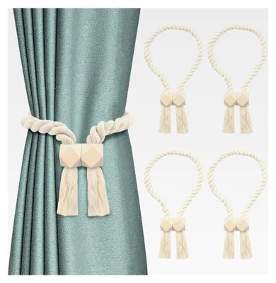 Produktbild von 4 Magnetische Raffhalter für Vorhänge, Beige Baumwollseilhalter im Naturstil, Minimalistische Fensterdekoration für Wohnzimmer, Schlafzimmer und Büro